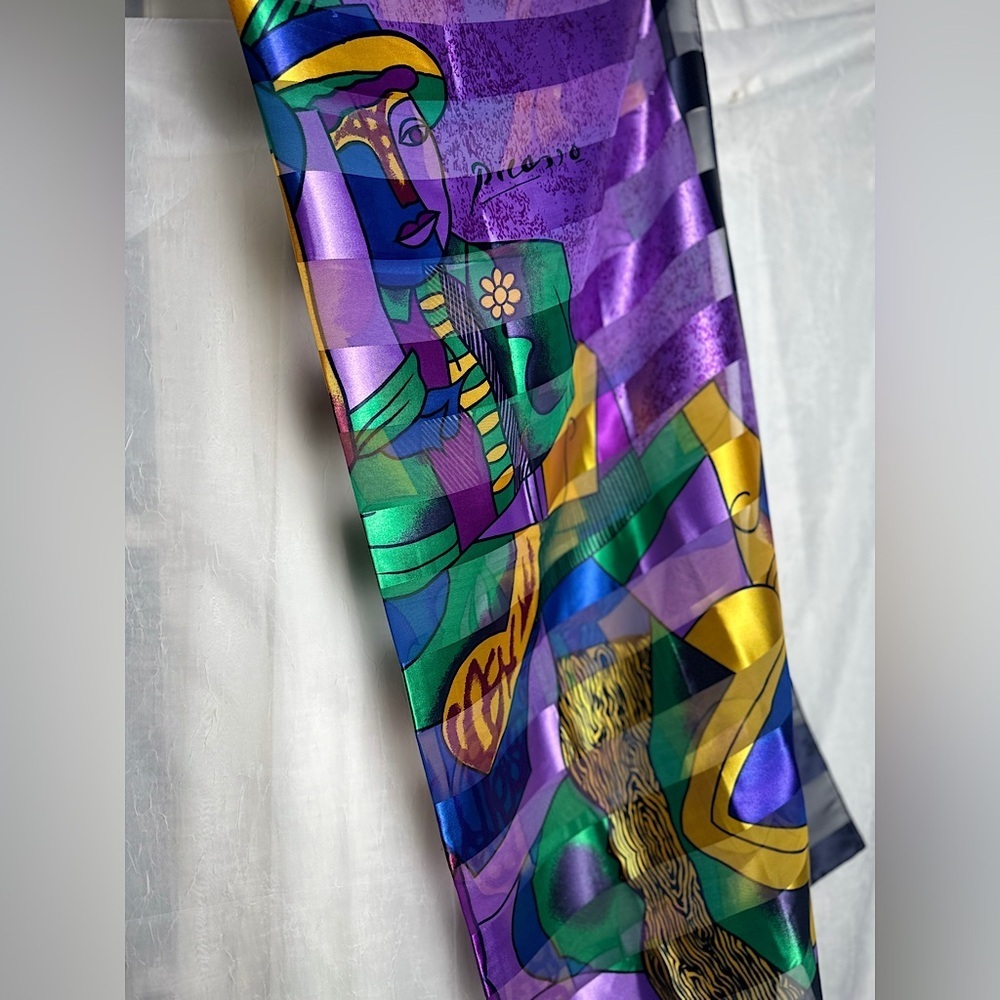 Vintage Picasso Multi Colored Cubist‎ Abstract Artsy Silk Scarf Wrap Tapestry - Picture 13 of 14